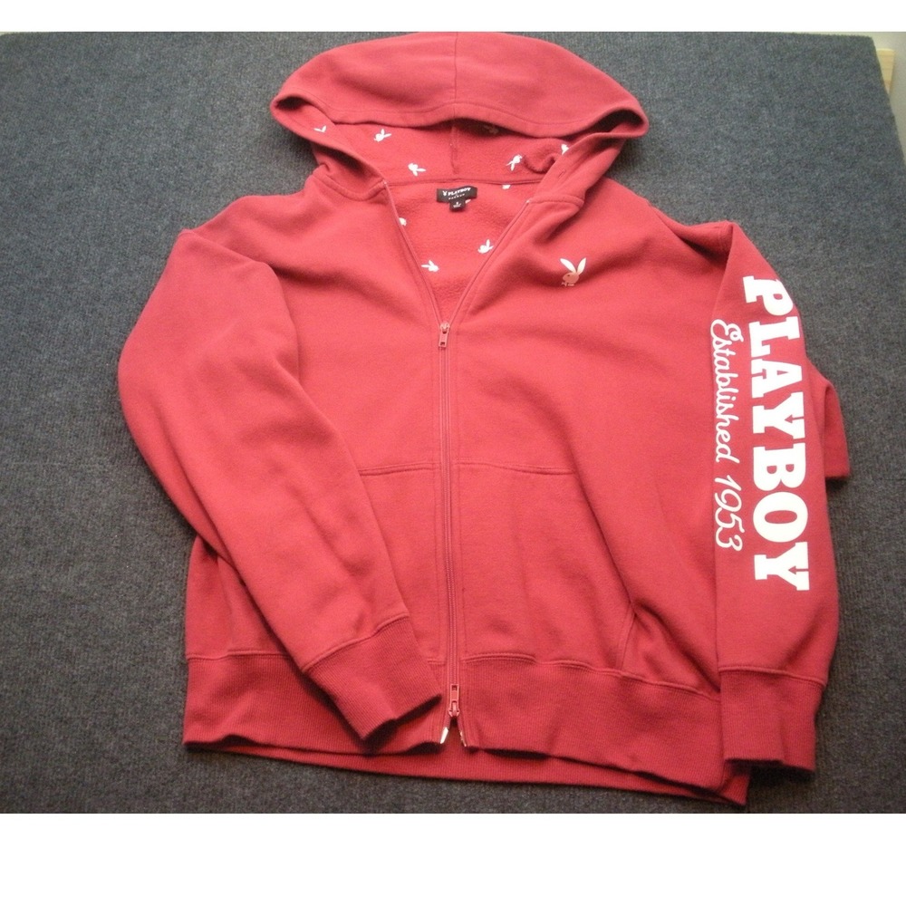 Playboy by PacSun Red Full Zip Hoodie Bunny Logo Graphic Sleeve Small